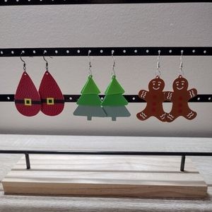 Handmade Faux Leather Set of 3 Christmas Earrings